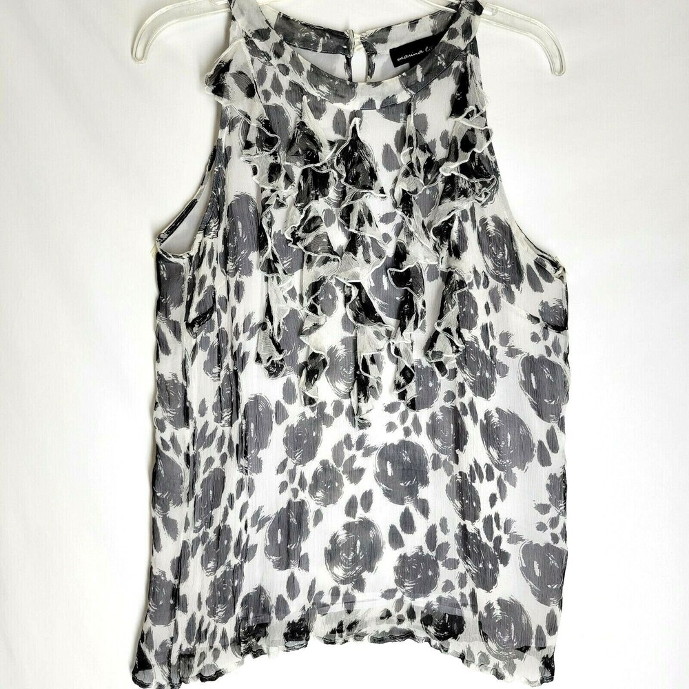 Marina Luna Women's Sleeveless Shirt 100% Silk Black Gray Ruffle Sheer Lined L
